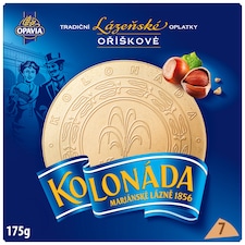 Kolonada Lázeňské oplatky s lieskovoorieškovú náplňou Oplatky S múkou z programu Harmony. Box 175 g
