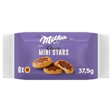 Milka Choco Mini Stars sušienky s mliéčnou náplňou a čokoládou z alpského mlieka 37.5 g