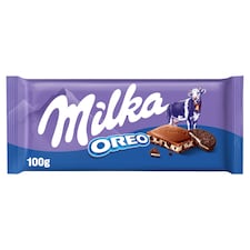 Milka Oreo čokoláda z alpského mlieka s kakaovými sušienkami a vanilkovo-krémovou náplňou 100 g