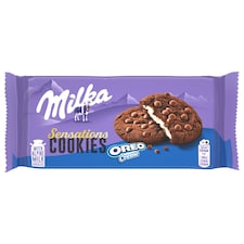 Milka Sensations Cookie Oreo kakaové sušienky s kúsky mliečnej čoko. ,náplňou s vanil. prích. 156 g