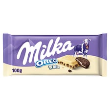 Milka Oreo White biela čokoláda z alpského mlieka s kakaovými sušienkami a vanilkovou náplňou 100 g
