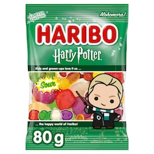 Haribo Harry Potter kyslé želé s ovocnými príchuťami, penovými cukríkmi a s príchuť coly 80 g