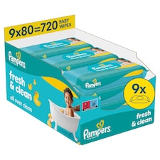 Pampers Fresh Clean Detské Vlhčené Obrúsky, 9 ks Balení po 80 Obrúskov Detských Vlhčených Obrúskov