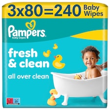 Pampers Fresh Clean Detské Vlhčené Obrúsky, 3 ks Balení po 80 Obrúskov Detských Vlhčených Obrúskov