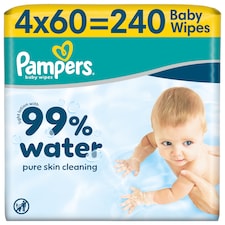 Pampers 99 % Vody Detské Vlhčené Obrúsky, 4 ks Balení po 60 Obrúskov Detských Vlhčených Obrúskov