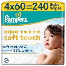 Pampers Aqua Soft Touch Detské Vlhčené Obrúsky, 4 ks Balení 60 Obrúskov  Detských Vlhčených Obrúskov