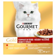 Gourmet Gold konzervy pre mačky hovädzie, morka a kačica, losos a kura, kura, pečeň v šťave 8 x 85 g