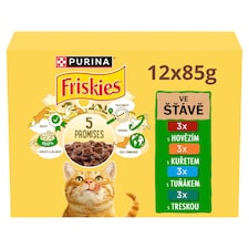 Friskies kapsičky pre mačky hovädzie, kura, tuniak, treska v šťave 12 × 85 g