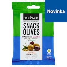 Olymp Zmes vykôskovaných olív Kalamon a zelených olív s bylinkami 70 g