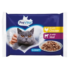 PreVital Kompletné krmivo pre dospelé mačky s kuracinou, teľacinou v omáčke 4 x 100 g